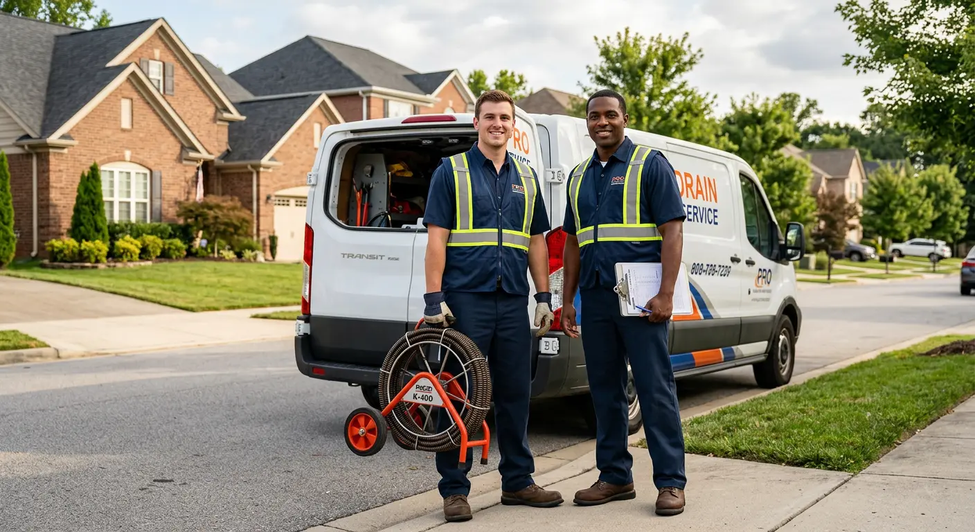 Sewer and drain service team with equipment ready for work in Wellston