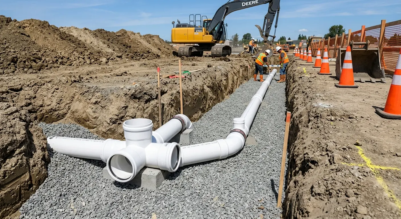 New PVC sewer pipe installation in open trench for Sewer Backup in Wellston