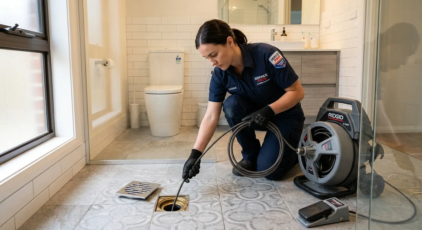 Technician clearing a bathroom floor drain for Sewer Line Installation in Wellston